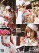 A collage of photos of a woman in a kimono eating a piece of food.