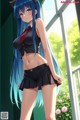 A girl with long blue hair standing in front of a window.